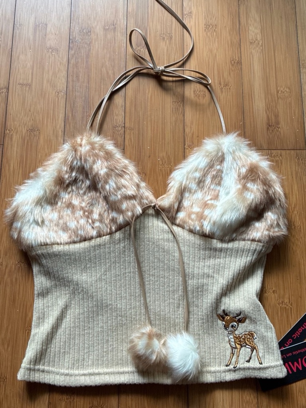ROMWE Beige Faux Fur Halter Crop Camisole with Deer Embroidery